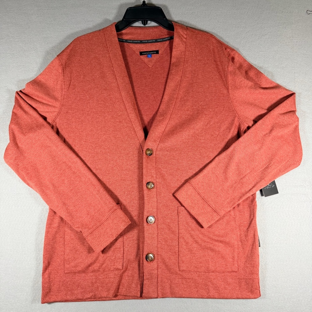 Vince Camuto Men’s Cardigan Sweater Size L Rust Orange Heather Pocket NWT